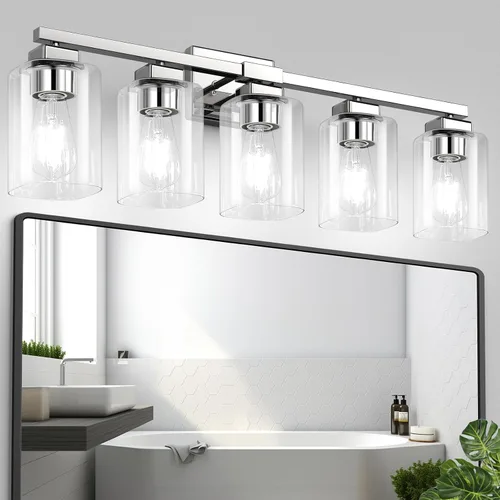 Vista 11 de BesLowe Lámpara de baño de 19 pulgadas con 3 luces, lámpara de tocador moderna dorada sobre espejo, lámpara de pared mate dorada, apliques