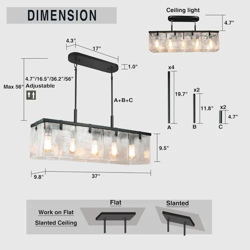 Vista 5 de IKK Modern Textured Glass Chandeliers for Dining Room, 37" Rectangular Island Light Fixture, Rectangle Farmhouse Lighting for Kitchen Island, Living