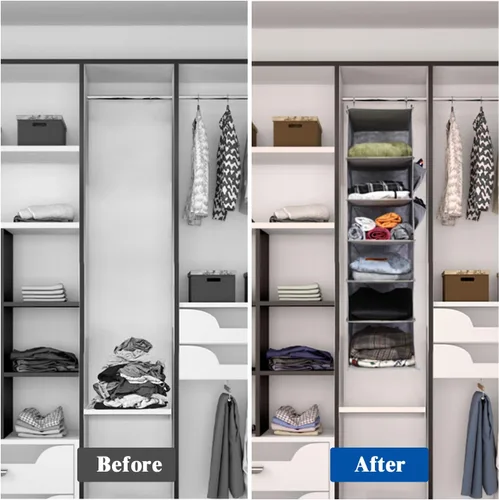 Vista 5 de 4-Shelf Hanging Closet Organizer and Storage, Collapsible Hanging Shelves for Closet with 2 Side Pockets, Hanging Shoe Organizer to Saving Beige