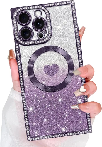 Vista 48 de Bonoma Funda con purpurina para iPhone 13 Pro Max, bonita funda 3D con patrón de chapado en degradado de mariposa de diamante, protección de cámara