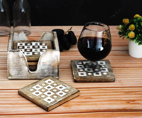 Vista 4 de Juego de 6 posavasos de madera blanqueados para bebida, té, mesa de café, posavasos blancos envejecidos con soporte, comedor, decoración del hogar