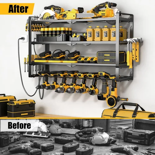 Vista 5 de MOOMSINE Large Power Tool Organizer Wall Mount with Charging Station, 400lbs Metal Storage Rack with 8 Cordless Drill Holder, 4 Tier Heavy Duty