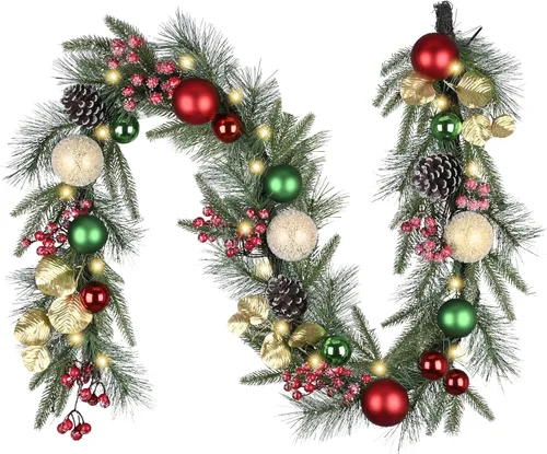 Vista 14 de Valery Madelyn - Guirnalda de Navidad de 1,8 m, preiluminada, con luces, para manto, guirnalda navideña iluminada para exteriores, con bolas