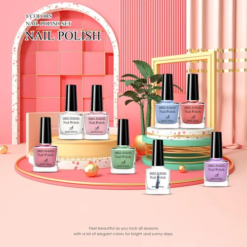 Vista 5 de MEET ACROSS Juego de esmaltes de uñas de 8 colores brillantes, morado, rosa, rojo, azul, blanco, kit de esmalte de uñas lechoso, kit de esmalte