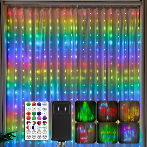 Vista 8 de Brightown 400 luces LED inteligentes RGBIC para cortina, 6.6 x 6.6 pies, cadena de luces de Navidad que cambian de color dinámico con control