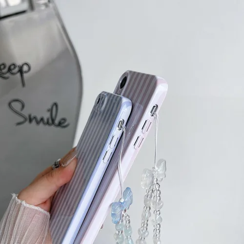 Vista 6 de Bonita funda a rayas para iPhone 6 Plus iPhone 6s Plus con cadena de cuentas, estética suave y delgada, funda protectora de poliuretano Azul
