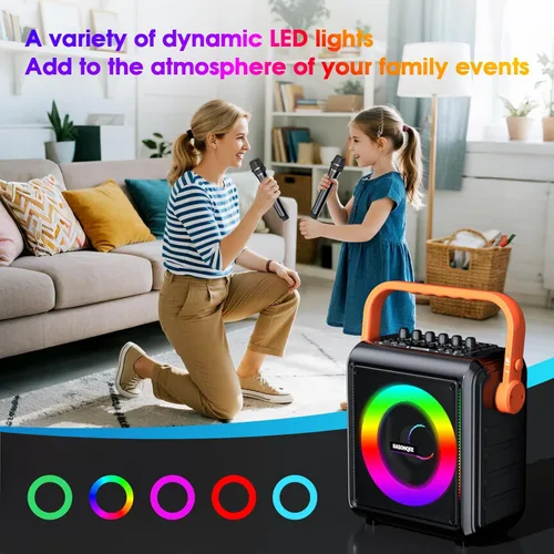 Vista 6 de Máquina de karaoke, altavoz Bluetooth portátil de 8000 mAh con 2 micrófonos inalámbricos para adultos y niños, juego de altavoces de micrófono