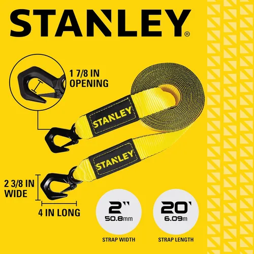 Vista 5 de STANLEY S1051 Correa de remolque resistente negra/amarilla de 2" x 20' con gancho triple - 1,360 kg de carga de trabajo / 4,080 kg de resistencia a