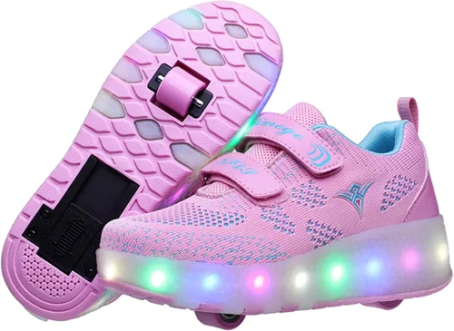 Vista 10 de Ehauuo - Zapatos de dos ruedas con luces recargables, con ruedas retráctiles, tenis unisex con LED intermitentes para Niñas Niños, Principiantes