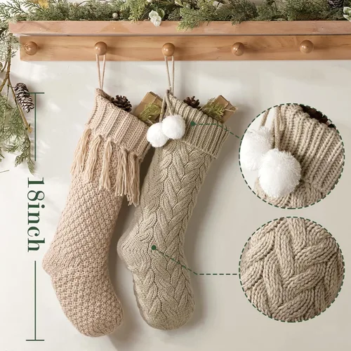 Vista 3 de Medias de Navidad de 18 pulgadas, 5 medias de punto trenzado color burdeos surtido con lazo de cinta de terciopelo, hilo rústico de granja de Borgoña
