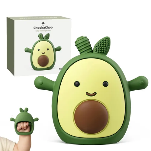 ChooKaChoo Juguete de dentición para bebés de silicona con aguacate, manoplas de dentición para bebés mayores de 3 meses, mordedores de muñeca y