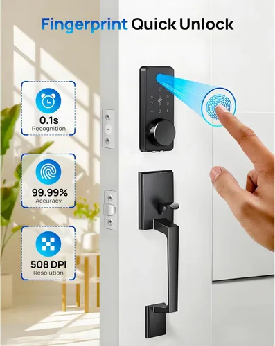 Vista 3 de Juego de cerradura inteligente WiFi para puerta de entrada sin llave con manija de puerta delantera, desbloqueo biométrico de huellas dactilares