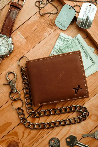 Vista 6 de Cartera de cuero genuino para hombre, con bloqueo RFID, plegable, elegante, billetera plegable con cadena de acero inoxidable, billetera abatible