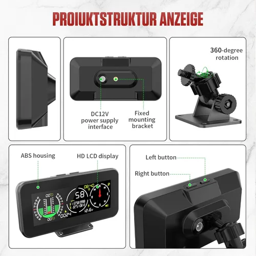 Vista 8 de GPS Inclinómetro Digital para Vehículos Todo Terreno, Pantalla de Visualización Frontal DC 10-30v, Inclinómetro Vehicular Multifuncional