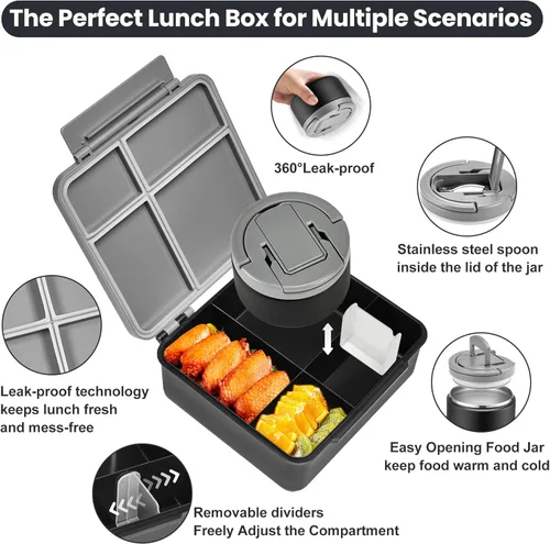 Vista 4 de Lonchera Bento para Niños con Termo para Sopa de 8oz, Contenedores de Comida para Almuerzo Impermeables para Niños con 4 Compartimentos, Tarro