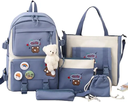 Vista 4 de Linda mochila con accesorios kawaii Juego de 5 bolsas estéticas, Oso negro, Classic