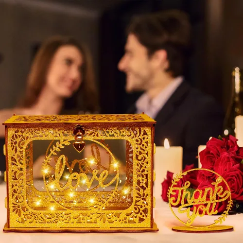 Vista 5 de OurWarm Caja de Tarjetas Dorada para Boda, Caja de Tarjetas de Boda de Madera con Purpurina con Cerradura de Corazón y Luces Decorativas, Caja