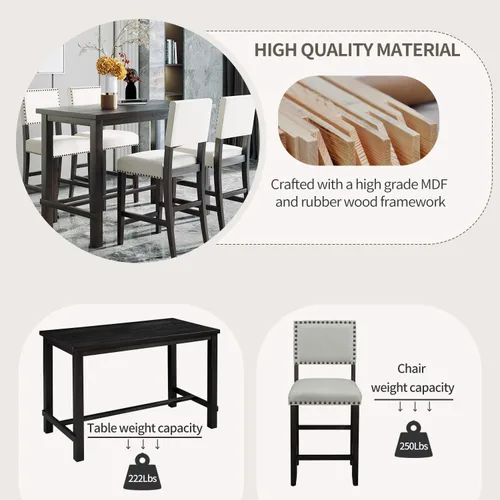 Vista 7 de YOPTO Juego de mesa de comedor de 5 piezas, muebles de madera para sala de estar con escritorio de cocina rectangular de 52 pulgadas, 4 sillas