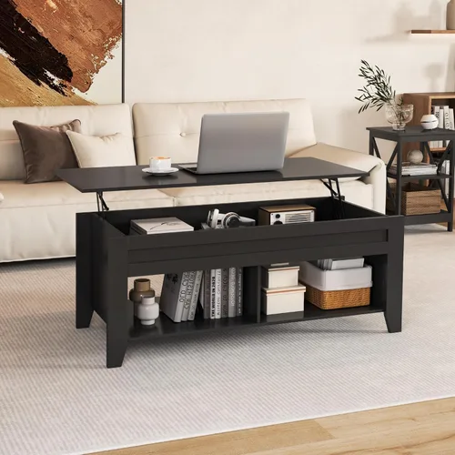 Vista 2 de Yaheetech Mesa auxiliar negra, mesas de centro elevables con compartimento de almacenamiento oculto y estante abierto, mesa emergente para sala