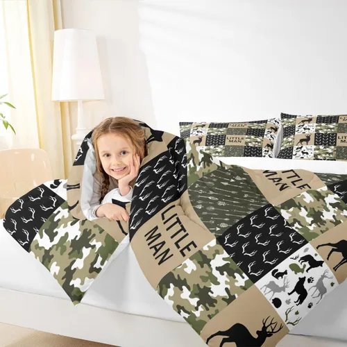 Vista 3 de Manfei Juego de Edredón de Siluetas de Animales con Astas de Ciervo Tamaño Full, Juego de Ropa de Cama de Camuflaje con Cuadros Geométricos de 3
