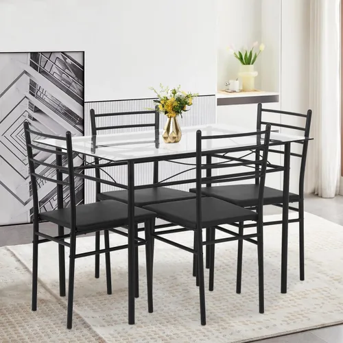 Vista 7 de FDW Juego de mesa de comedor clásica de 5 piezas, mesa superior de vidrio con marco de metal y 4 sillas modernas rectangulares, juego de mesa
