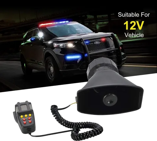 Vista 2 de Safego Sirena de policía, parlante para auto, sistema de PA, corriente directa de 12 voltios, 100 W, 7 tonos, micrófono de mano alámbrico, altavoz