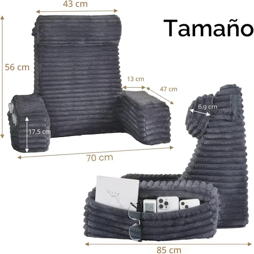 Vista 2 de ENITYA Almohada de espalda XL de 22 pulgadas para sentarse en la cama, almohada de lectura con brazos integrados, silla de apoyo de respaldo suave