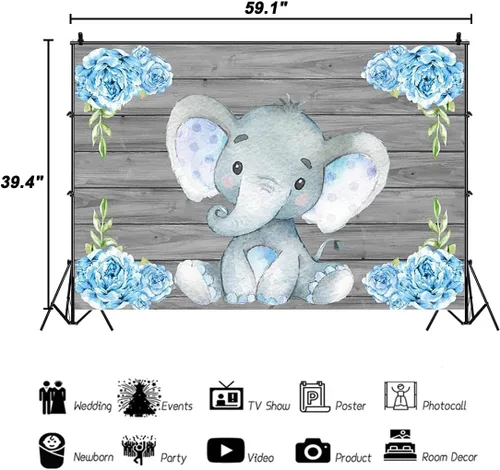 Vista 3 de AOFOTO - Fondo decorativo para baby shower, de vinilo, elefante azul