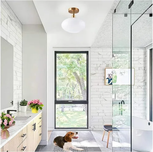 Vista 4 de Lámpara de techo semiempotrada, lámpara de techo dorada para pasillo, moderna de mediados de siglo, luces de globo cerca de techo, lámparas vintage