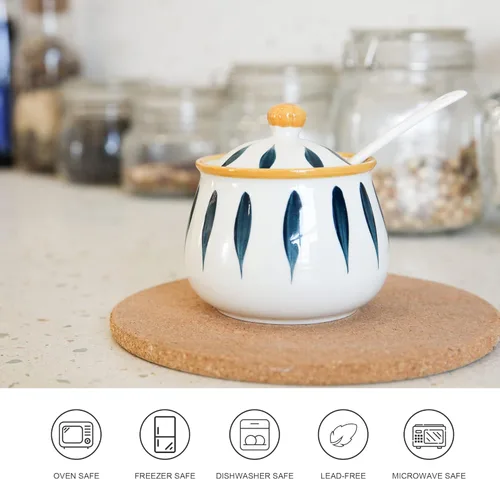 Vista 3 de Azucarero de cerámica con tapa y cuchara – Contenedor de azúcar de 12 onzas para encimera de cocina, barra de café y hogar, tarro de azúcar
