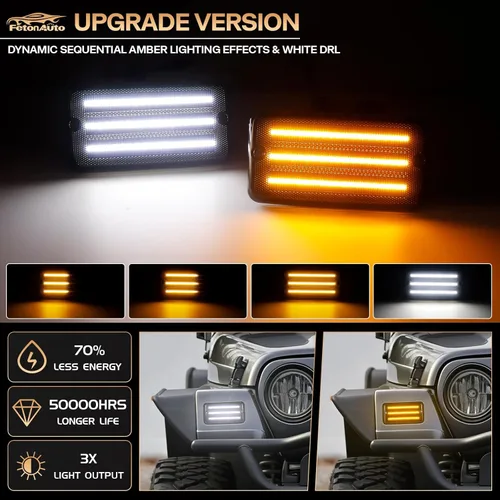 Vista 2 de Luces LED secuenciales direccionales delanteras blancas DRL para Jeep Wrangler TJ 1997-2006, parachoques de lente ahumada, lámparas de esquina