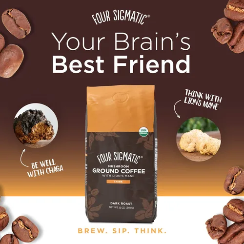Vista 3 de Four Sigmatic - Café molido orgánico de hongos con mezcla de leche Chai (10 unidades) Café gourmet tostado oscuro, comercio justo con melena