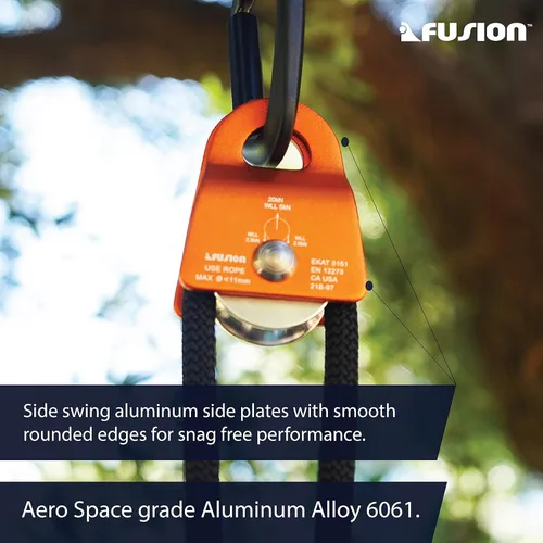 Vista 3 de Fusion Climb Ekat Micro Polea de oscilación lateral de aluminio, tirolesa para patio trasero, carretilla Naranja