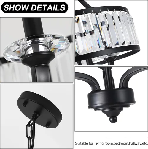 Vista 7 de Candelabro moderno de cristal negro de 15.75 pulgadas, 3 luces de granja para comedor, lámpara sobre la mesa, altura ajustable, luces colgantes