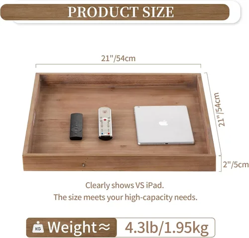 Vista 4 de Hanobe Bandeja Otomana Cuadrada Grande: Bandejas de Madera para Servir Extra Grandes Bandeja Decorativa Rústica para Mesa de Café Otomana con Asas