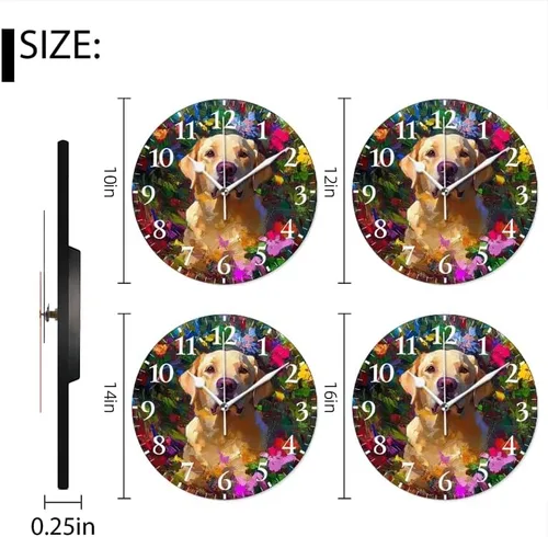 Vista 7 de Battery Operated Round Wall Clock Non-Ticking Silent Analog Clcok Decorative for Living Room,Office,Kitchen-Golden Retriever in A Floral Filled