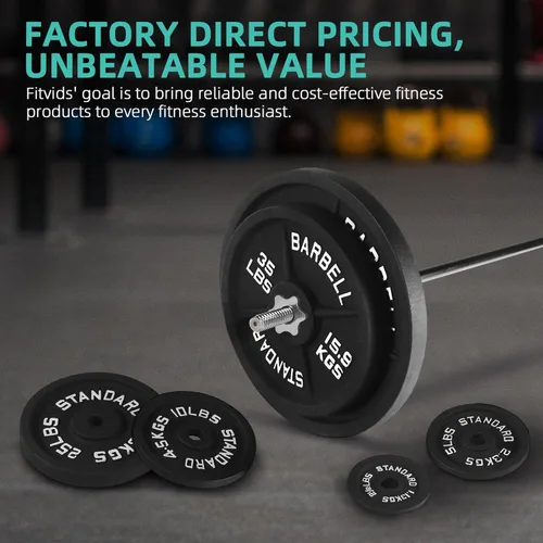 Vista 6 de Fitvids Barbell Weight Set, Cast Iron 1" Standard Weight Plates Including 5FT Standard Barbell Bar & Star Locks, 95 Pounds Set