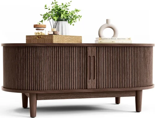 Vista 10 de LINSY HOME Mesa auxiliar redonda, mesa de centro de tambor de 31.5 pulgadas con puerta corrediza de tambor, mesa central acanalada con Roble