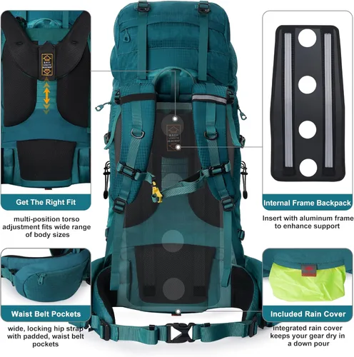 Vista 4 de N NEVO RHINO - Mochila de senderismo con marco interno 50, 60, 65, 70 y 80 L, mochila impermeable para escalar, camping, con cubierta de lluvia