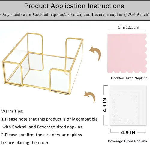 Vista 5 de Servilletero de cóctel, servilletero cuadrado dorado apto para servilletas de 5 x 5 pulgadas, servilleteros de vidrio para cocina, encimera, mesa
