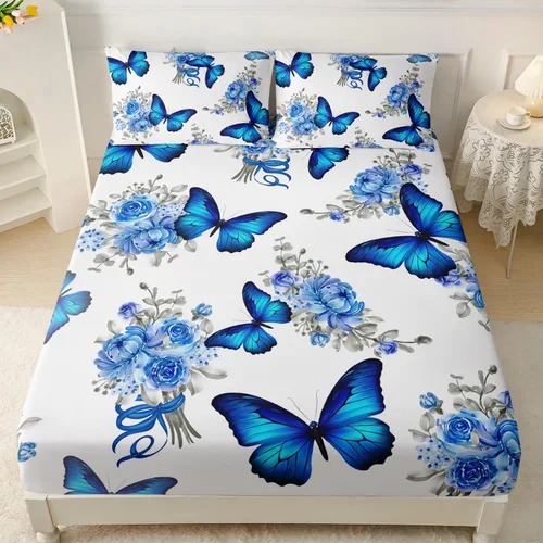 Vista 17 de AILONEN Juego de sábanas ajustadas con mariposas azules para niñas, juego de sábanas de tamaño individual con estampado floral de tie-dye
