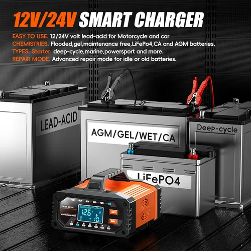 Vista 3 de Cargador de batería automático de 20 A, 12 V/24 V, corriente ajustable, 0.5A-20A, LiFePO4, mantenedor de batería completamente automático, cargador