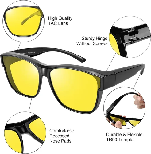 Vista 4 de URUMQI Night Vision Driving Glasses Fit Over Eyeglasses for Men Women, Anti Glare Polarized Nighttime Glasses Oversized Lens