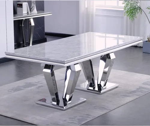 Vista 2 de ACEDÉCOR Mesa de comedor blanca y plateada con 6 sillas, mesa rectangular con base geométrica y 6 sillas de comedor con borde de anillo trasero
