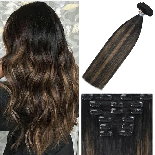 Vista 50 de WindTouch - Extensiones de cabello humano liso con pinzas, color negro azabache, 2.47 onzas, N.° 1, 12 pulgadas, 7