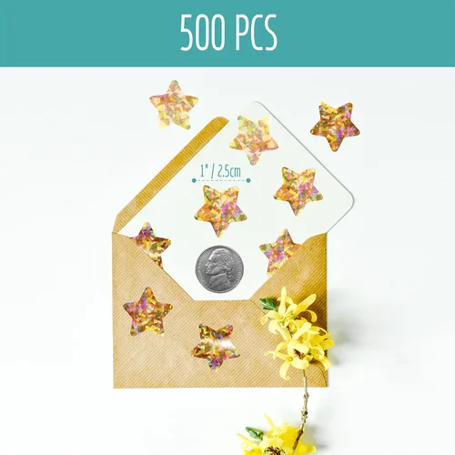 Vista 2 de 500 calcomanías holográficas de estrellas doradas, autoadhesivas metálicas con purpurina metálica, calcomanías reflectantes de estrellas, etiquetas