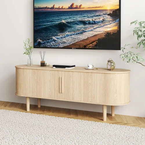 Vista 46 de Soporte de TV, mesa consola multimedia con puerta corredera y compartimento de almacenamiento, centro de entretenimiento moderno con almacenamiento