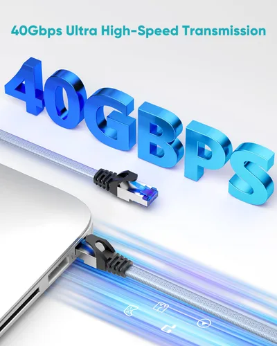 Vista 2 de Cable Ethernet Cat8 de 16.4 ft, cable de red de Internet RJ45 LAN, 40 Gbps 2000 MHz Gigabit Patch Cord Wire para módem, router, PS3, PS4, Xbox
