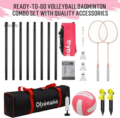 Vista 6 de Juego de red combinada de voleibol y bádminton al aire libre de 20 pies para patio trasero y playa con postes ajustables, red duradera Rosa