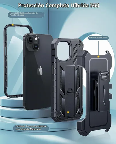 Vista 3 de FNTCASE Funda para iPhone 15 con clip para cinturón y protector de pantalla Negro
